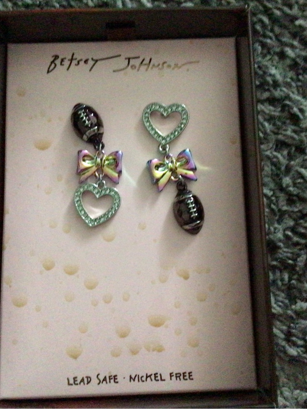Betsey Johnson Iridescent Bow Heart & Football Drop Earrings - Rainbow Accents